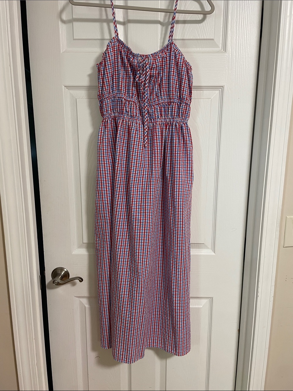 Red & Blue Gingham Midi Dress with Spaghetti Straps